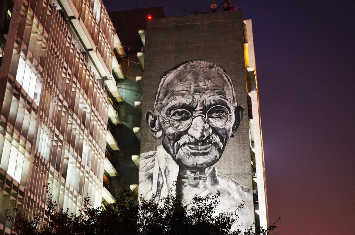 Gandhi on the Delhi Police Headquarter building at ITO