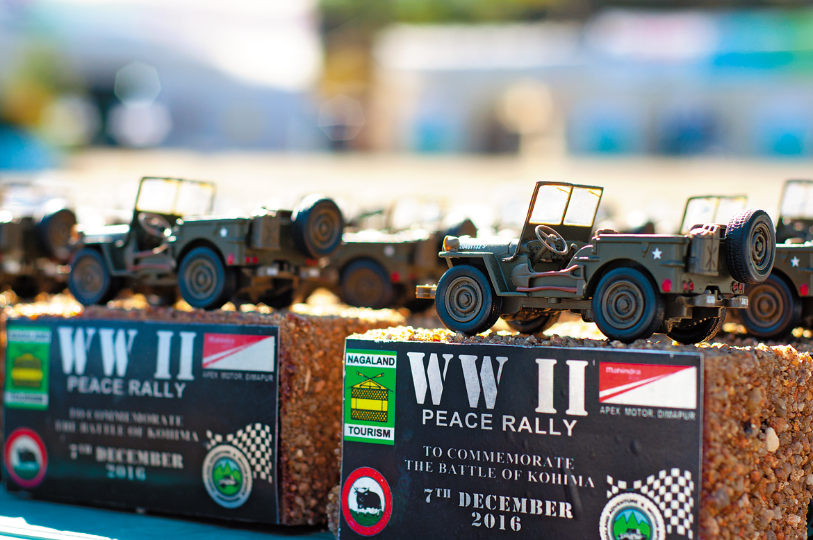 Miniature Willys jeeps serve as trophies for the WWII Peace Rally