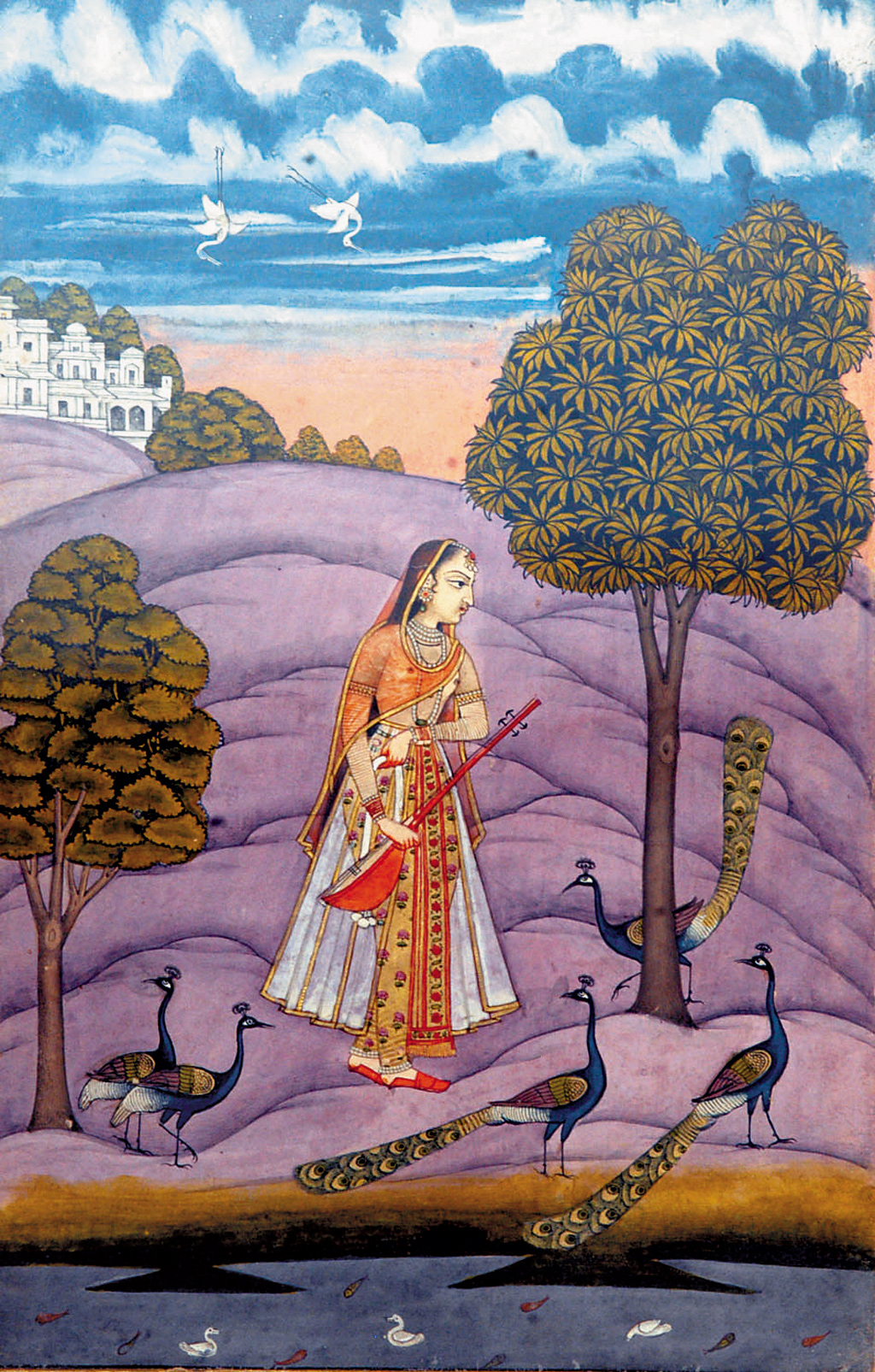 A lovesick maiden waits for her lover. Rain and peacocks were poetic symbols of unrequited love as depicted in the Raga Malkaunsa painting circa 1700