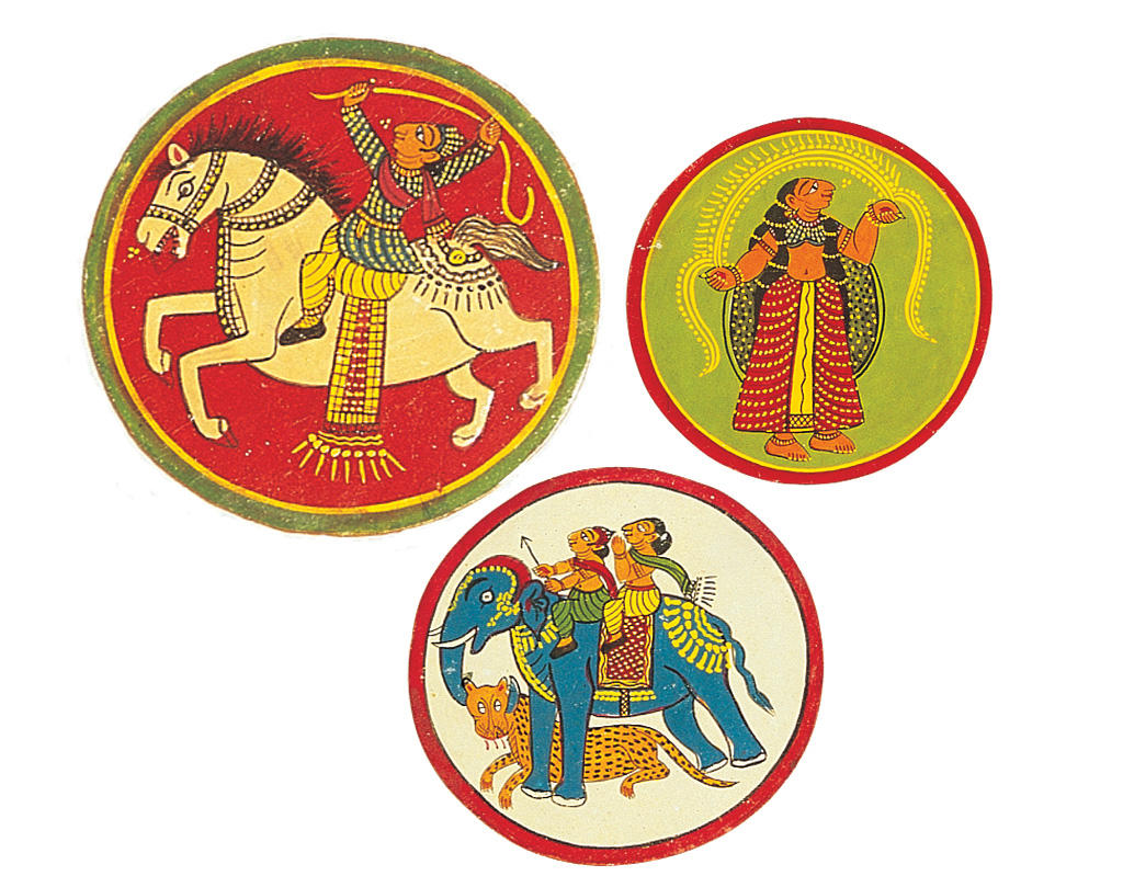 ‘Naqsh’ was a Bishnupur ganjifa variation played with 48 cards. The raja (king card) is recognised by being depicted on an elephant and the pradhan (minister card) on a horse. At the bottom, the card contains a girl or ‘pori’, who denotes the ‘one’.