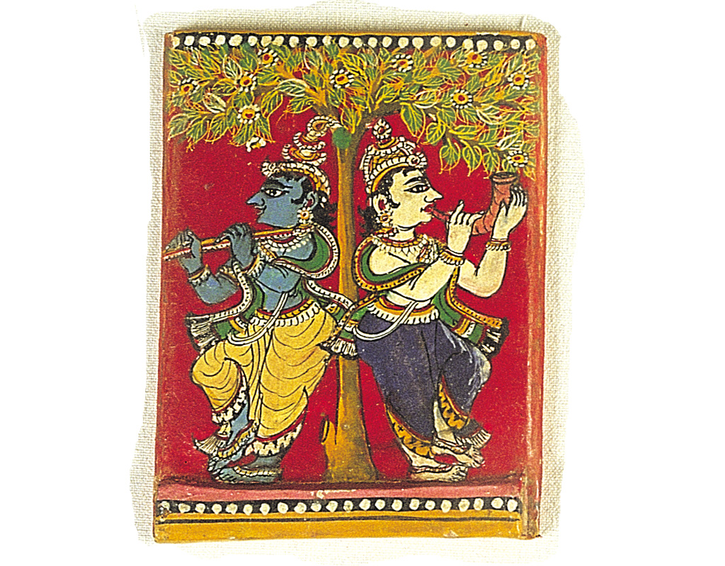 The embellishment of boxes in which cards are kept is a long-standing tradition. This beautifully painted image of Krishna and Balaram is from the lid of a ganjifa box, painted by ganjifa cards artist Appana Mahapatro of Chikiti, Odisha. Odisha is the only state where the game is still played.