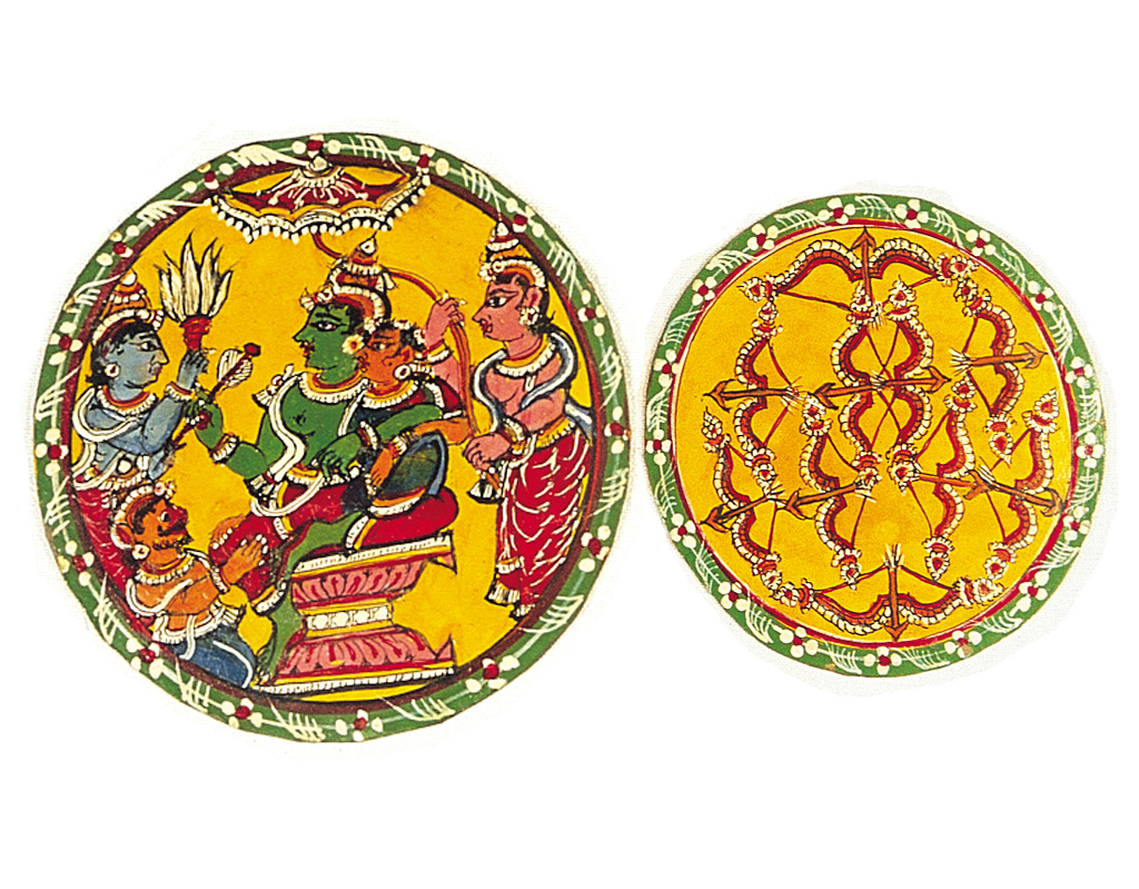 In this set of Ramayana-based cards, the raja cards are recognised by the fact that they always depict Rama, Lakshman, Sita and Hanuman as well as an attendant. The next card is the ‘10’ of the arrow suit.