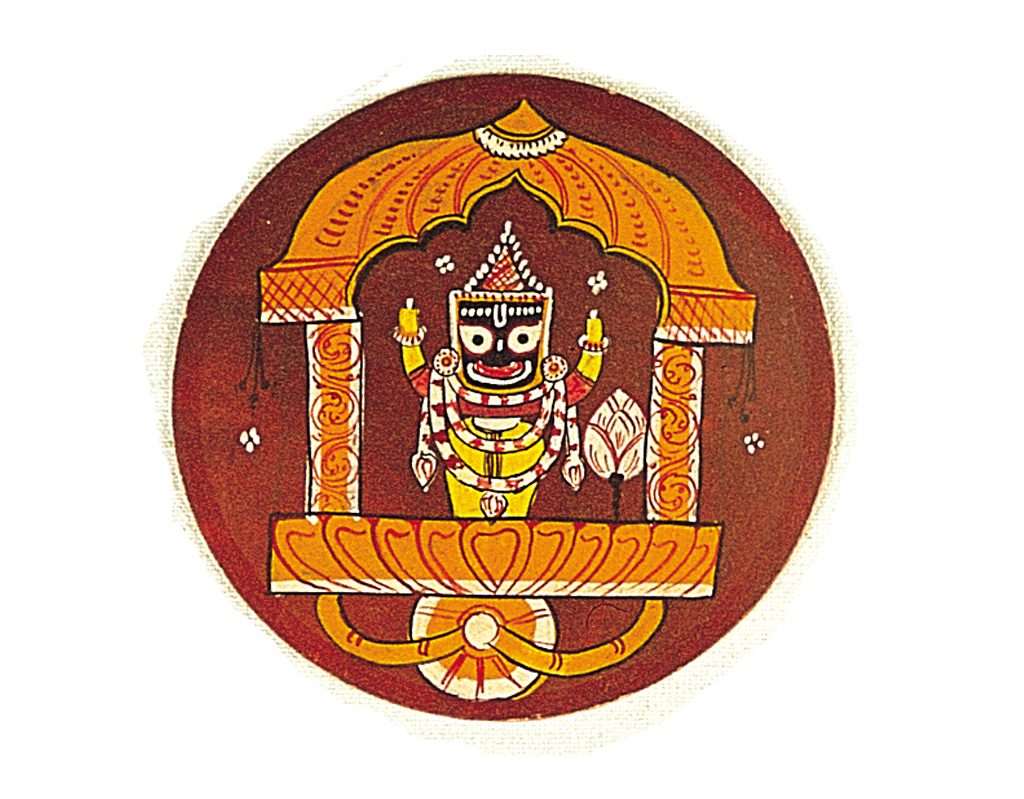 Part of a 144-card version from Puri in Odisha, this is the raja card, showing Jagannatha in a palki. Raja cards are often depicted sitting in a palki.