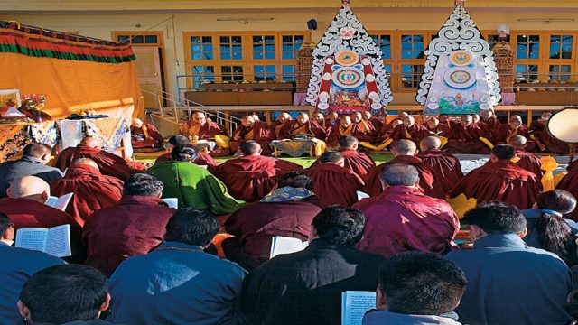 Monks at Namgyal Monastery offer prayers to welcome the new year