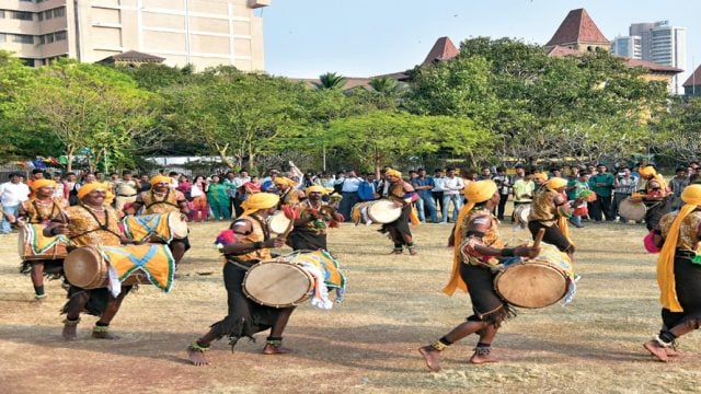 Dancers from Karnataka perform the Dollu Kunitha, a drum dance