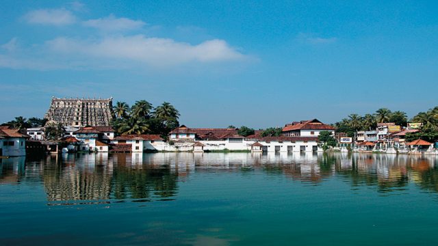 A view of Padmanabhaswamy Temple from across the water