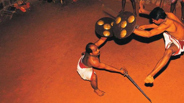 Students practising Kalaripayattu at CVN Kalari School