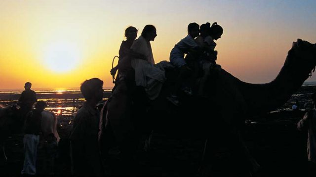 Visitors enjoying a camel ride at Devka Beach