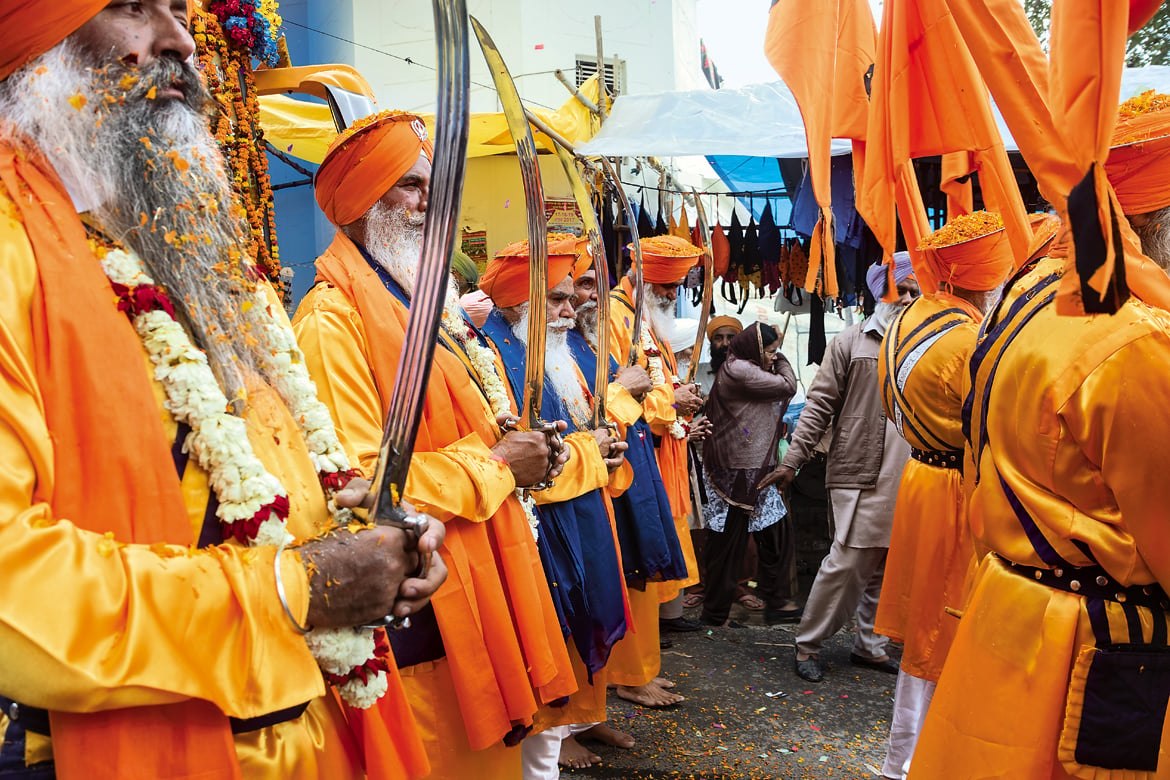 Panj Pyare, the five leaders of the Nihangs,lead the procession