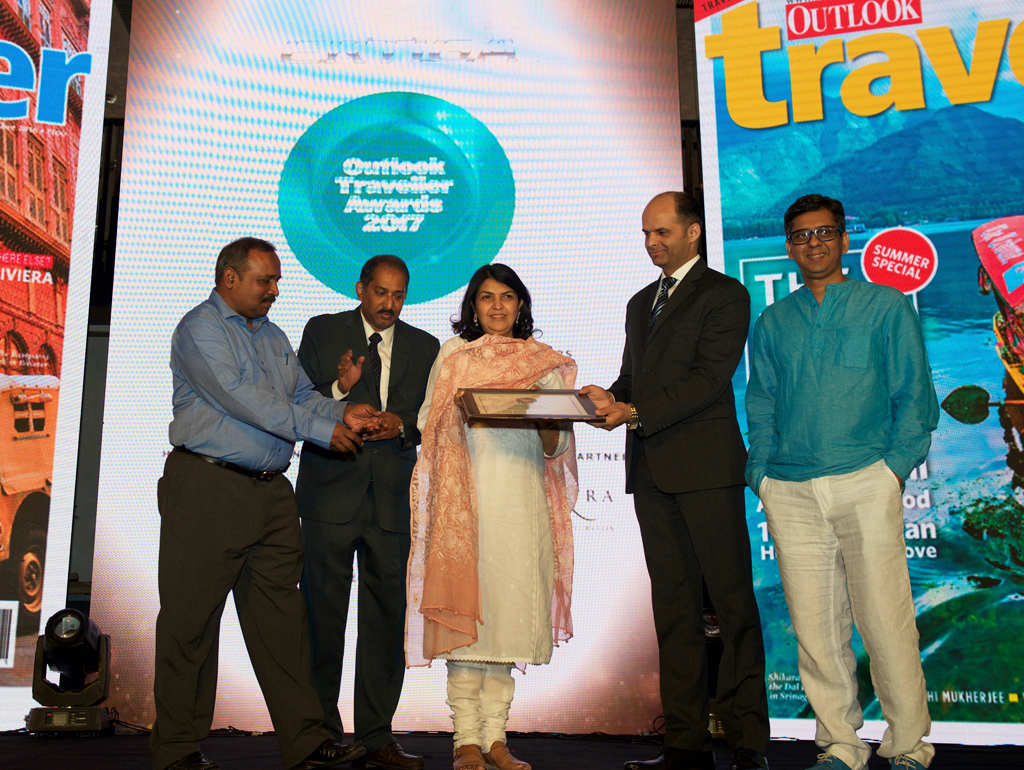 Kalyan Sengupta and D. Venkatesan, Assistant Director Generals and Aashima Mehrotra, Director, Ministry of Tourism, receive the Jury award for Best New Tourism Initiative for Ministry of Tourism’s 24x7 toll-free multilingual tourist helpline