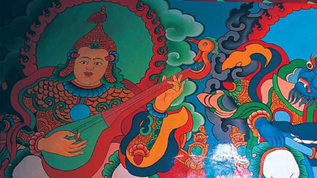 A vibrant mural inside the Ki Gompa, Spiti