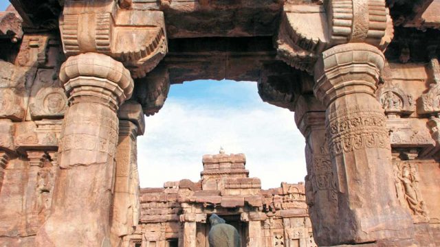 Carved stone pillars at Mallikarjuna temple, Pattadakkal