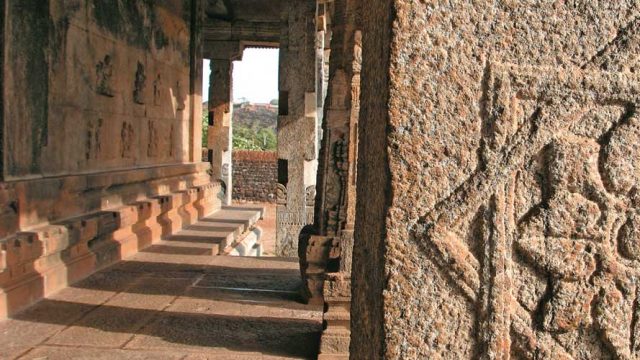 Thick stone pillars at Gommateshwara, Karkala