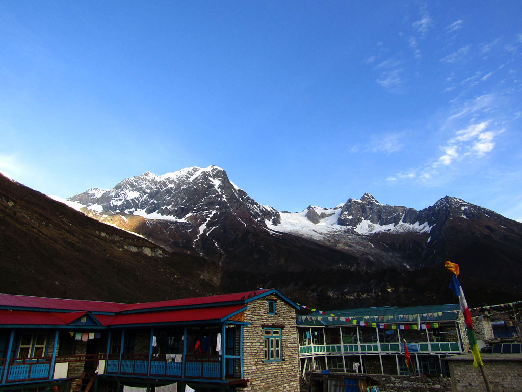 Like most treks in the Nepal Himalaya, the Manaslu Circuit too is a tea-house trek. There are good lodges at every stop, with comfortable rooms and decent food. Two such lodges in Samagaon with the Naike peak in the background