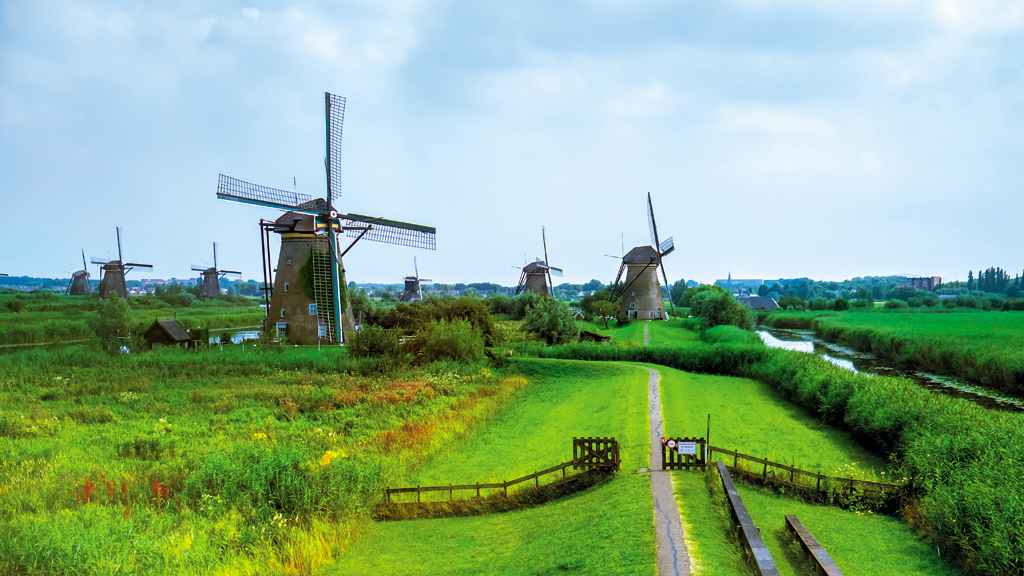 Windmill network at Kinderdijk-Elshout, Netherlands. This functional set of 19 windmills was commissioned in the 18th century.