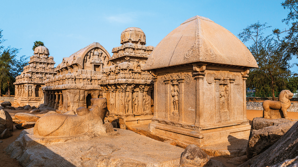 Panch Rathas, Mahabalipuram, India. Bas-reliefs, temples, cave carvings and rathas (chariots)—all form a part of the UNESCO-inscribed Mahabalipuram group of monuments. Most of these structures date back to the 7th and 8th century CE.