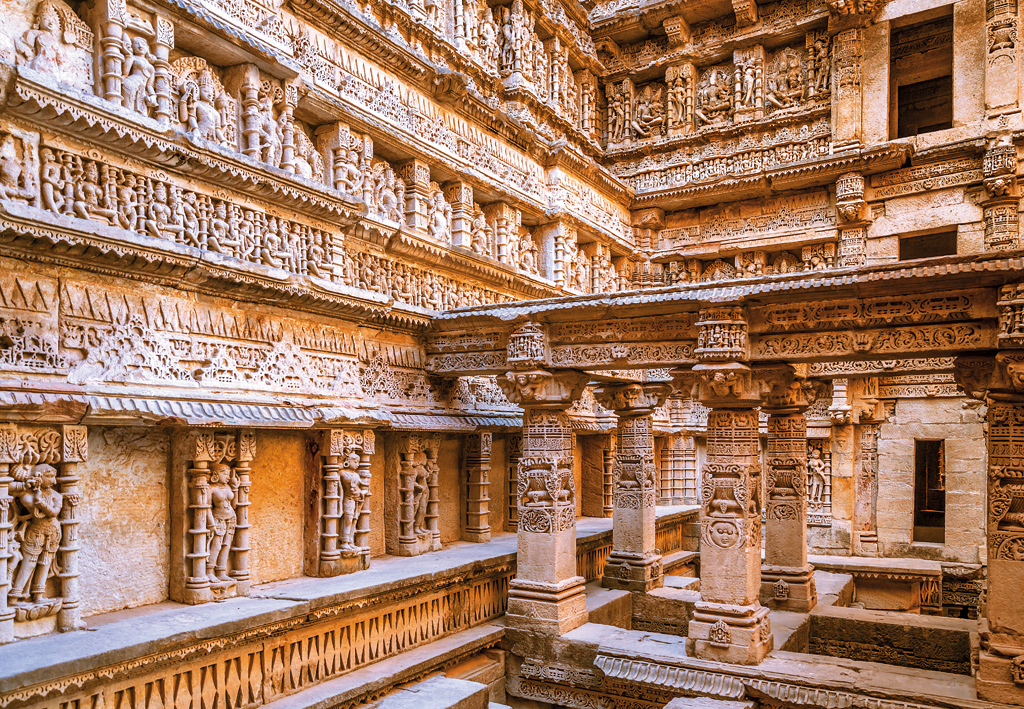 Exquisite carvings at Rani Ki Vav, Patan, India. This stepwell, built in the 11th century CE, portrays a seven-level inverted temple that pays obeisance to water.