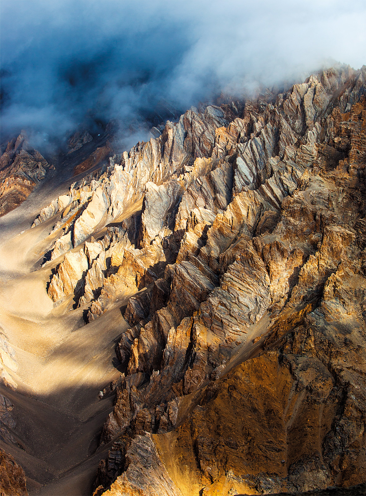 Rugged rock formations lend an otherwordly aura to the region near Sarchu