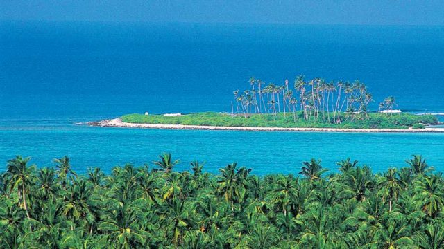 The pristine blue waters surrounding Lakshadweep Islands