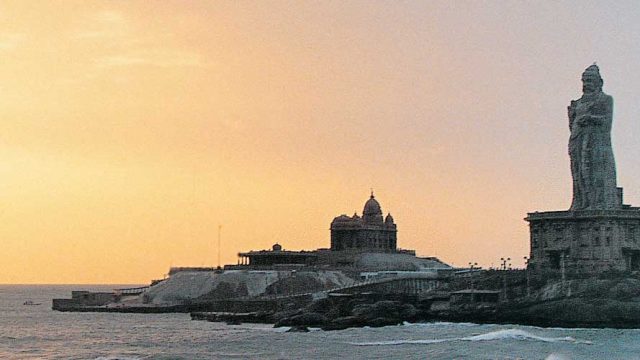 The imposing 133-ft-tall statue of Saint Thiruvalluvar