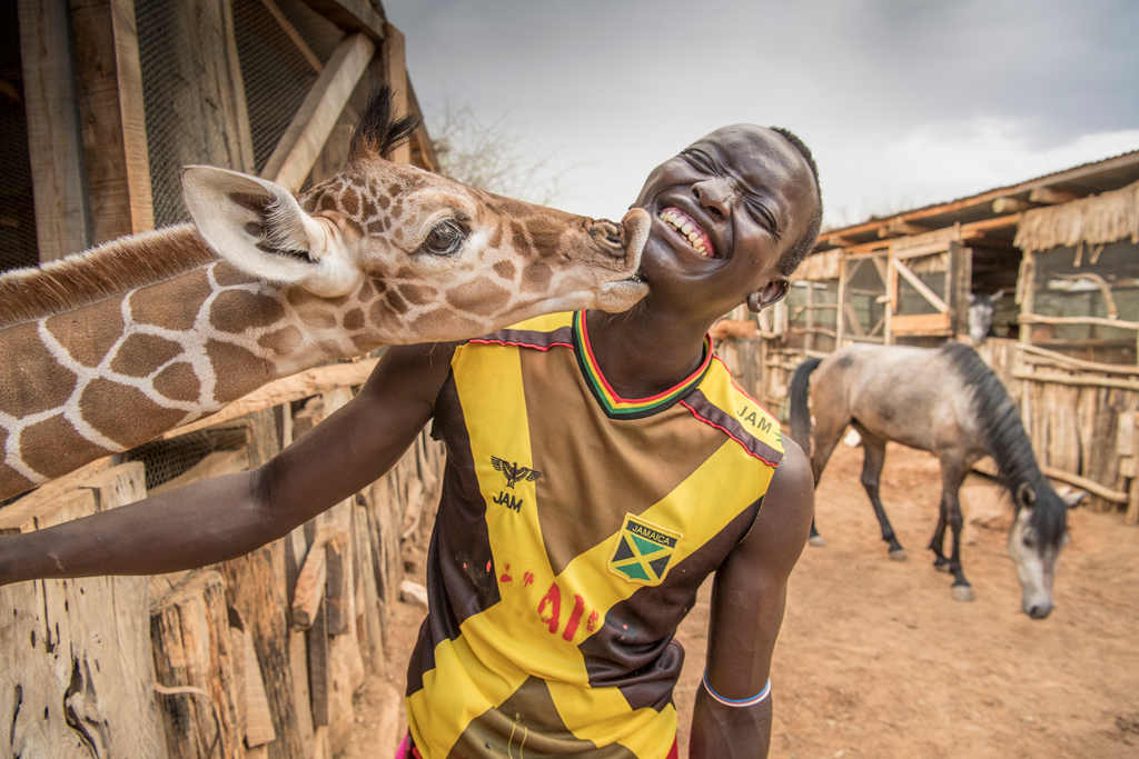 Lekupania receives a kiss from orphaned giraffe at Sarara Camp (@sararacamp). These giraffe were orphaned but soon will be rehabilitated and returned to the wild. The sanctuary sits on the 850,000-acre Namunyak Wildlife Conservancy and is owned by the Samburu community.