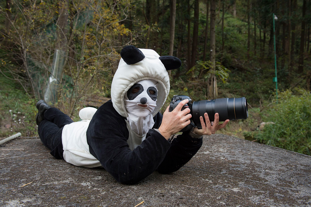 Ami Vitale at work! She’s dressed as a panda to be able to take photographs of the magnificent creatures from close quarters at the Wolong Nature Reserve managed by the China Conservation and Research Centre for the Giant Panda in Sichuan Province.