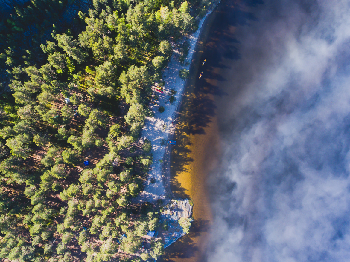 A vibrant summer view of a Scandinavian island by a mist-covered sea