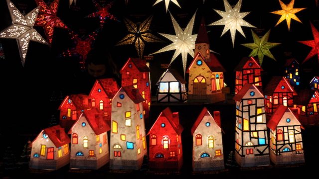 Christmas decorations made of paper in Dresden's Striezelmarkt.