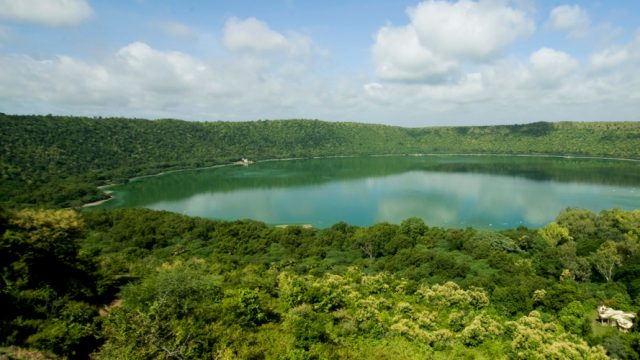 A view of the Lonar Crater Lake in Maharashtra