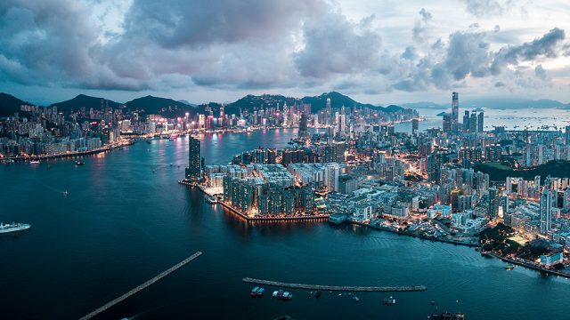 An aerial view of Hong Kong's Victoria Harbour and Kowloon Bay