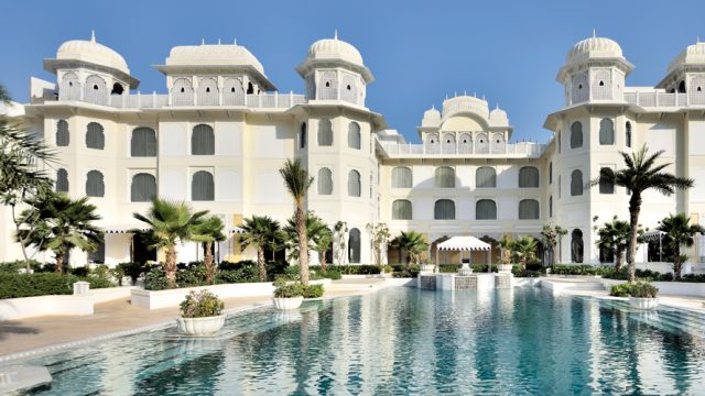 The view of JW Marriott Jaipur Resort & Spa from the swimming pool