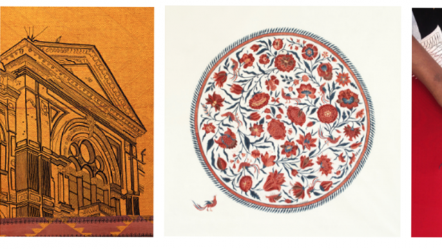 From left to right: Detail of an art work on hand-embroidered Bagh textile, by New York based architect and artist Ghiora Aharoni, 2013; Chintz by Bangalore-based artist Renuka Reddy Hand painted, mordant and resist-dyed cotton. Madder, Indigo, Pomegranate, Fermented iron. 2017; Detail of Red-crowned Cranes, Parsi gaya hand-embroidery on a sari by Ashdeen Lilaowala, Festive Collection, 2014