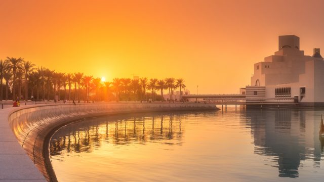 The seafront of the Doha Park and the MIA at sunset