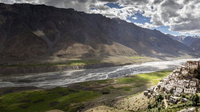 An aerial view of Spiti valley and Ki Monastery