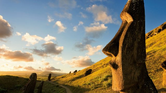 The giant monolithic moais at Rano Raraku in Rapa Nui or Easter Island