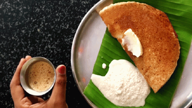 The Mylari dosa in Mysore, served with a steaming cup of filter coffee