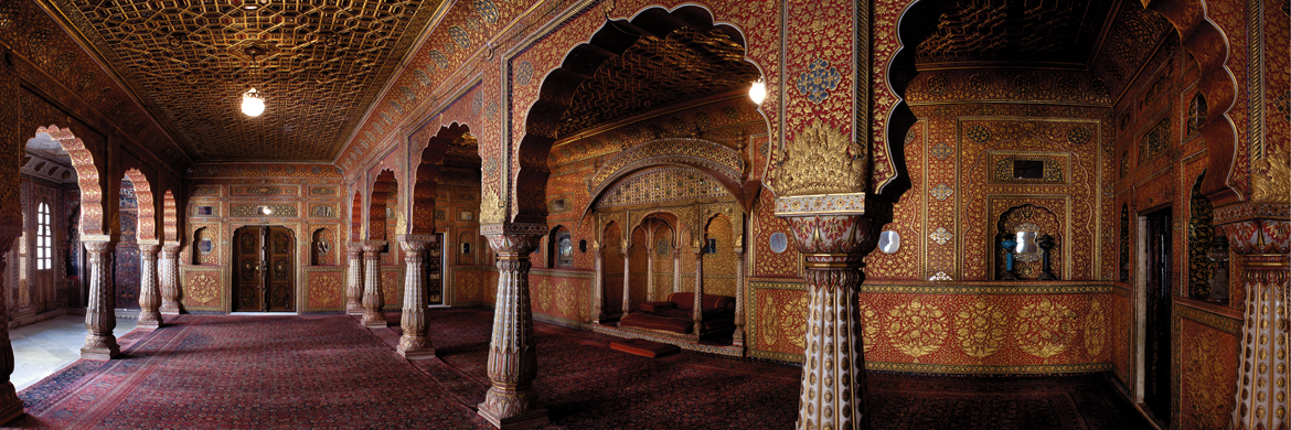 ANUP MAHAL, BIKANER: This lavishly decorated private audience chamber in Bikaner’s Junagarh Fort dates to the period of Anup Singh in the late 17th century. Decorated with gilded plasterwork, a Mughal-style alcove for the maharaja is set into the wall. Access was through an elaborate courtyard, paved with multicoloured stonework and overlooked by jharokhas. It became the secret ambition of every Rajasthani royal to emulate the style, and even to surpass it in scale and opulence