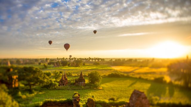 Witness the sunrise over the temples at Bagan in Myanmar