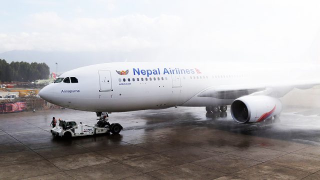 The ceremonial water-salute of Airbus A330-200 Annapurna at Tribhuvan International Airport, Kathmandu